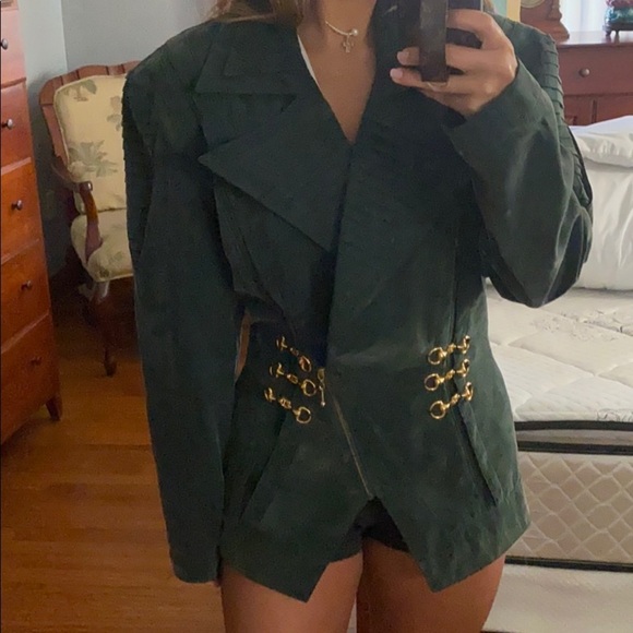 Green suede puffy shoulder gold buckle jacket M - Picture 2 of 10